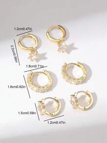 Hihho 6 Pieces Simple & Fashionable Shiny Flower Pendant Earring Set With Full Zirconia Inlay - Luxury Jewelry Ear Accessories Gift Valentines,Mom,Mother,Mother's Day,Gift - Yellow Gold - View 5