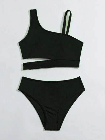 Tween Girl Detachable Padded Asymmetrical Neck Separates Bikini Set, Summer Beach