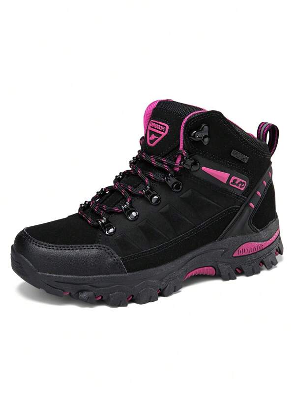 Couple Anti-Skid Breathable High-Top Hiking Shoes For Spring And Autumn Outdoor Sports, Men's Climbing Shoes And Women's Hiking Shoes, Black/Magenta Red