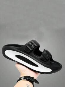 女式時尚厚底搭扣純色EVA夏季拖鞋，休閒戶外沙灘拖鞋 - 黑色 - 查看 1