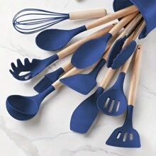 12-Piece Set Of Silicone And Wooden Non-Stick Cookware Utensils, Including Soup Skimmer, Strainer Spoon, Ladle, And Cooking Tools - Blue - View 5