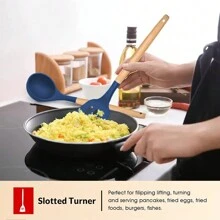 12-Piece Set Of Silicone And Wooden Non-Stick Cookware Utensils, Including Soup Skimmer, Strainer Spoon, Ladle, And Cooking Tools - Blue - View 4