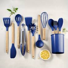 12-Piece Set Of Silicone And Wooden Non-Stick Cookware Utensils, Including Soup Skimmer, Strainer Spoon, Ladle, And Cooking Tools - Blue - View 2
