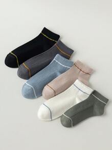 6 Pairs Men's Cotton Solid Color & Striped Breathable Mesh Summer Socks, Comfortable Moisture-Wicking Mid-Calf Socks, Fashion & Versatile For Spring/Autumn - Multicolor - View 2