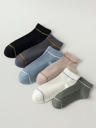 6 أزواج من جوارب القطن موحد اللون والمخططة للرجال، قابلة للتنفس بشبكة صيفية، جوارب مريحة ماصة للرطوبة تصل إلى منتصف الساق، عصرية وشاملة للربيع/الخريف