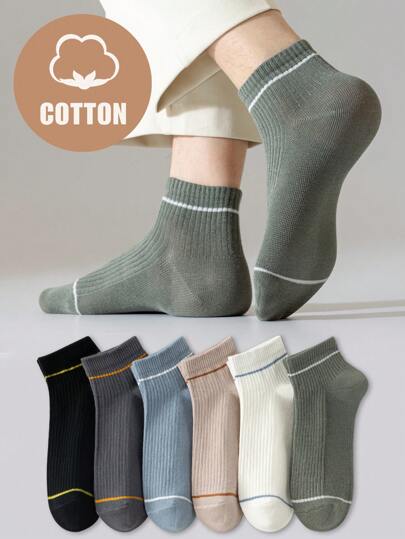 6pairs/Pack Men's Spring & Autumn Breathable Short Socks, Solid Color & Striped Pattern, Quick-Drying & Comfortable For Summer, Ideal For Daily Wear, For Gym