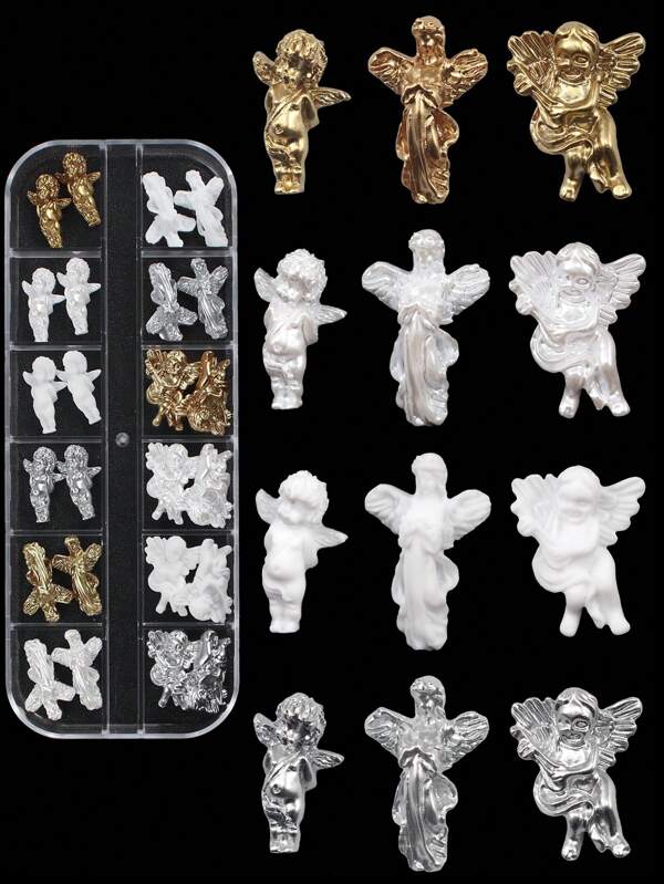 12 Grid Box Of Nail Resin Jewelry With Retro Style, Three-Dimensional Angel Nail Ornaments Of Different Sizes Diy Nail Charms Nail Gems Nail Supplies Nails