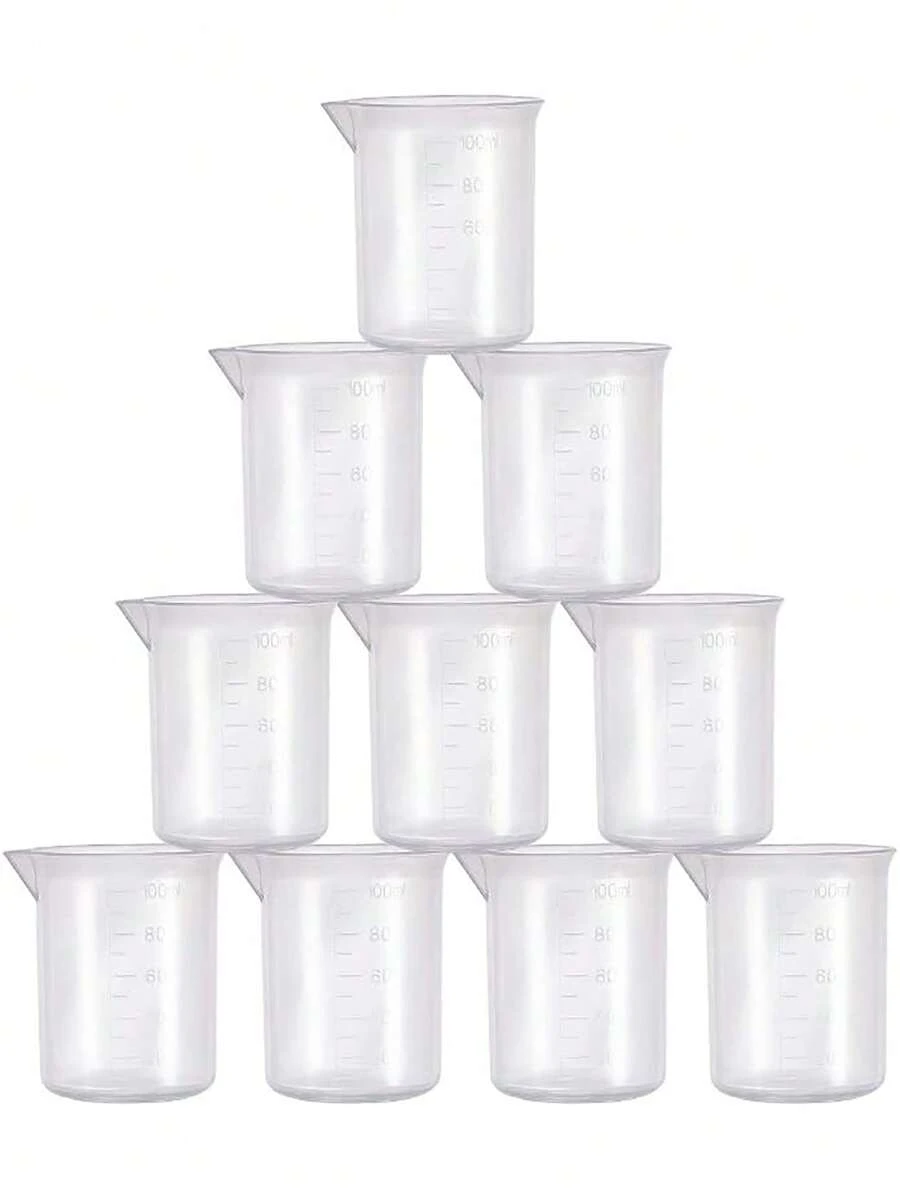 Finego 10 Pcs 3.4 Oz Transparent Lab Measuring Cup, 100ml Plastic Beaker Cups, For Science Experiment, Liquid Measuring - White - View 1