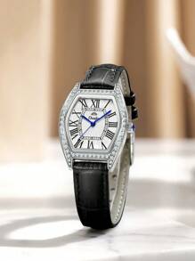 Duolz Quality Diamond Decorated Simple Pu Leather Belt Roman Numeral Women's Waterproof Watch