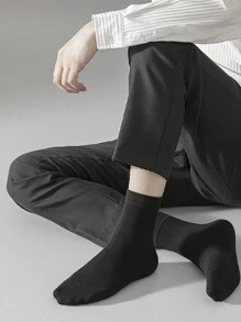 5 Pairs Black Basic Solid Color Thin Mid-Calf Socks For Men, Spring And Summer