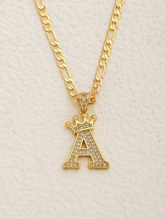 1pc Fashionable Letter Pendant Figaro Chain Copper Necklace, Customizable Children's Name Crown Letter Pendant, Children's Birthday Gift