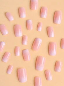 24pcs/Set Short Square White Ombre Nail Stickers, Includes 1pc Jelly Gel And 1pc Nail File, Suitable For Women And Girls Daily Party Manicure Supplies - Multicolor - View 3