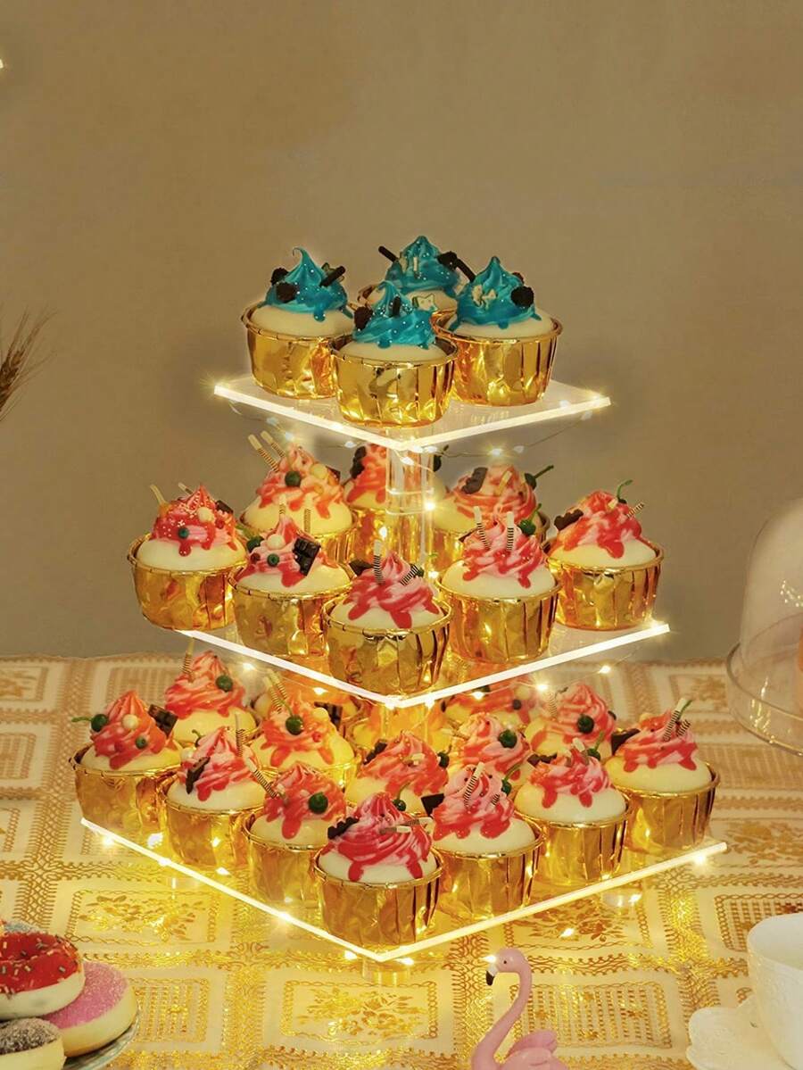 Square Acrylic Illuminated Cake Display Stand With Led Lights, For