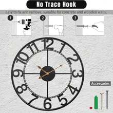 24 Inch Large Black Metal Wall Clock For Living Room Decor, Silent Non Ticking Analog Wall Clock Battery Operated, Rustic Metal Wall Clock For Bedroom, Kitchen, Office - Arabic Numerals - 黑色 - 查看 6