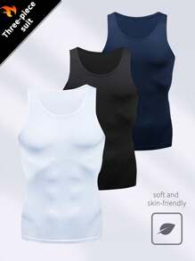 3pcs Men's Basic Sleeveless Sports Vest, Solid Color Undershirt For Fitness Workout, Spring/Summer - Black and White - View 1
