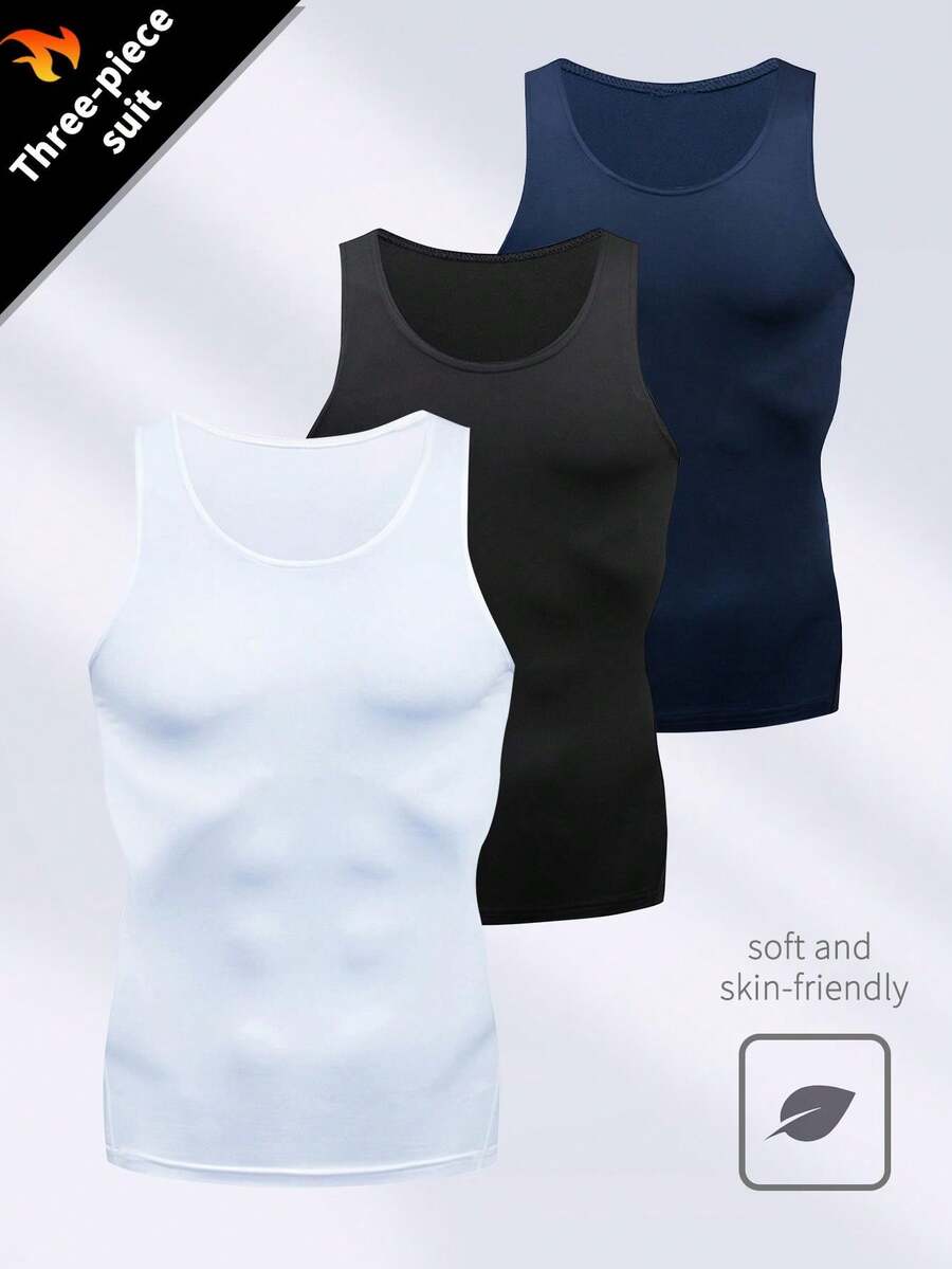 3pcs Men's Basic Sleeveless Sports Vest, Solid Color Undershirt For Fitness Workout, Spring/Summer - Black and White - View 1