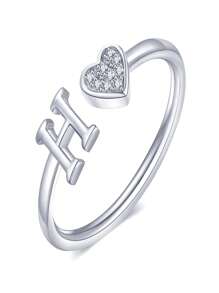 1 件装小心心 A-Z 字母戒指可调节开口戒指首字母名字字母女性派对珠宝情人节 - 銀色 - 查看 23