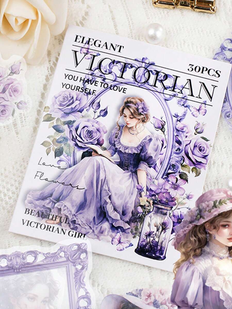 30 Piezas/bolsa Etiqueta Engomada De Material Básico De Scrapbooking De La Serie Elegante Victoriana Con Temática De Niña Europea Para Decorar Diarios, Cuadernos Y Manualidades Diy - Multicolor - Ver 1