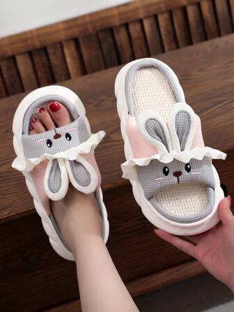 麻料厚底家居拖鞋,適用於春夏季節,卡通兔子設計,適用於四季