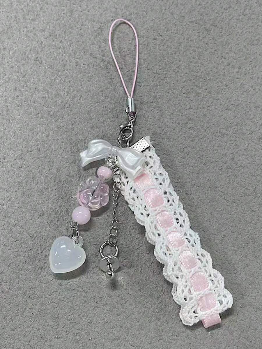 芭蕾舞原创设计女孩粉色心形蝴蝶结丝带手机吊坠礼物，适合母亲、家人、朋友、生日、节日手机链 - 彩色 - 查看 1