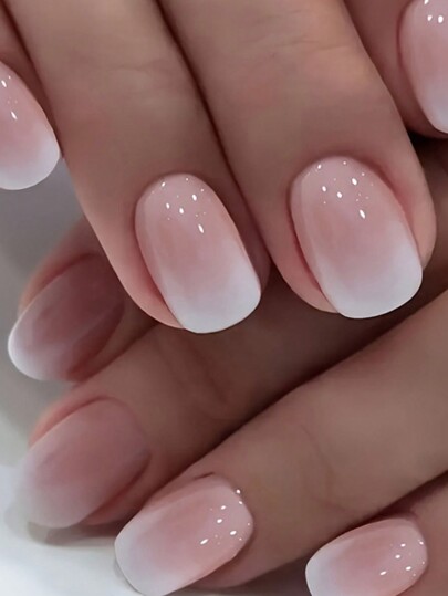 Incantevole e conveniente set di 24 unghie in gel con paillettes quadrato corto gradiente rosa , unghie press-on per feste, ballo e forniture per la cura delle unghie per l'uso quotidiano