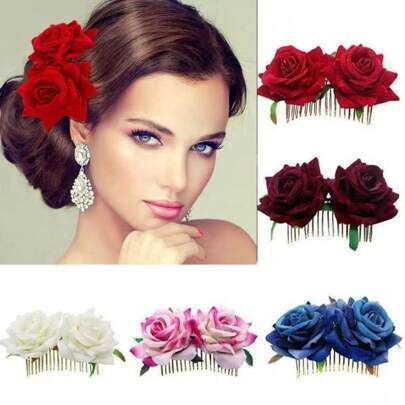 Lược cài tóc cô dâu đính hoa hồng nhung, lược cài tóc đôi hình hoa hồng cho kiểu tóc búi cao ngày Valentine, phụ kiện tóc cưới.