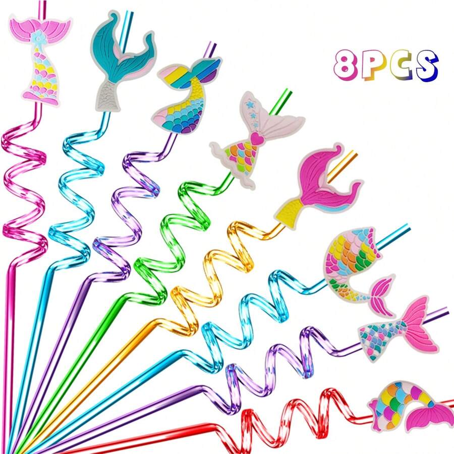 8pcs Reusable Cartoon Mermaid Tail Pet Plastic Straw, Perfect For Mermaid Themed Parties As Decoration Or As Small Gift - Multicolor - View 1