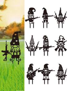 1 Miếng Sân vườn Gnome Hình dạng Sắt Đất Chèn Với Súng , Ngoài trời Sân vườn Đồ trang trí - màu đen - Xem 1