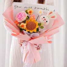 Handmade Crochet Knit Flower Bouquet, Everlasting Flower Craft Gift For Birthday, Teacher's Day Gifts Graduation - Blue Flower Rabbit - View 8