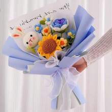 Handmade Crochet Knit Flower Bouquet, Everlasting Flower Craft Gift For Birthday, Teacher's Day Gifts Graduation - Blue Flower Rabbit - View 5