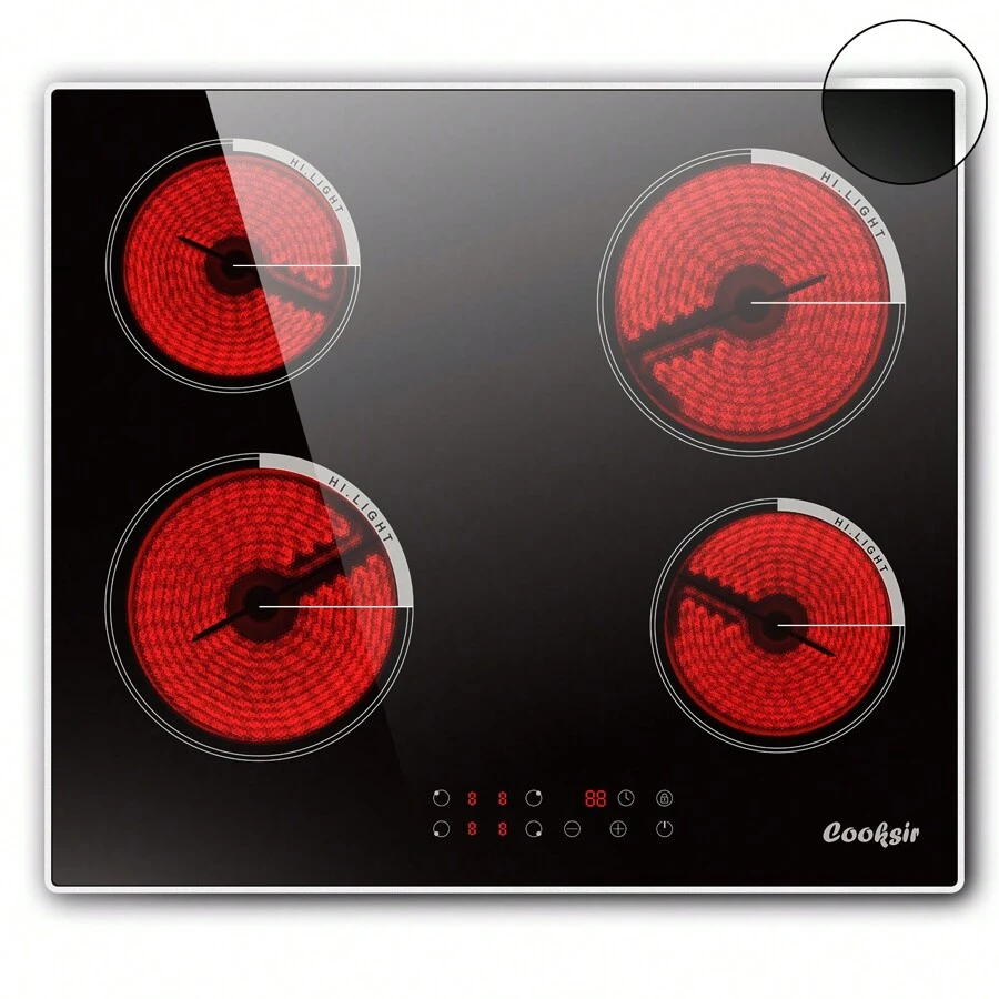 Ceramic Hob 4 Zones Electric Hob With Touch Control Built-In 60CM Ceramic Hob, 9 Power Levels, 6000W, Timer, Child Lock, Hard Wired, Black Glass Ceramic - Black - View 1
