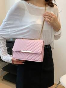 Casual Women's Mini Crossbody Bag With Chain Strap, Fashionable Pu Leather Flap Shoulder Bag - Pink - View 4