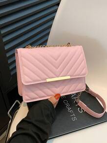 Casual Women's Mini Crossbody Bag With Chain Strap, Fashionable Pu Leather Flap Shoulder Bag - Pink - View 2