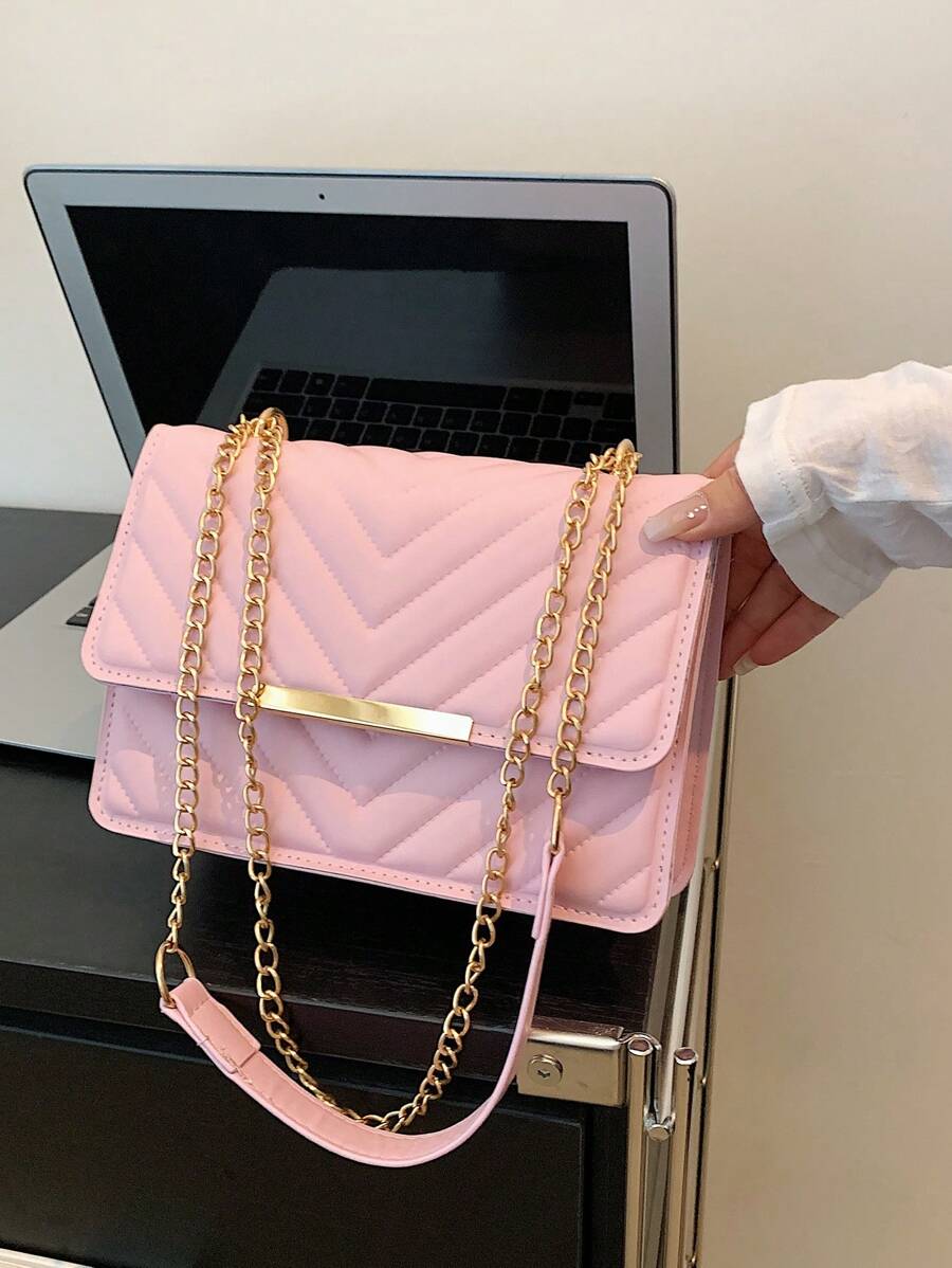 Casual Women's Mini Crossbody Bag With Chain Strap, Fashionable Pu Leather Flap Shoulder Bag - Pink - View 1