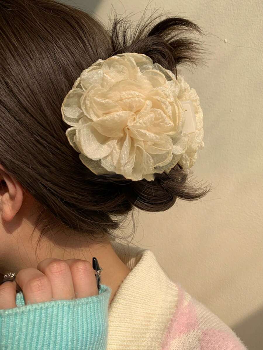1个女士10厘米纯色大网纱玫瑰花发夹，甜美优雅的校园风。适合派对、舞蹈、日常和度假装扮。波西米亚风情人节发爪夹，发夹，发卡，发夹，发卡，发夹，发饰，秋冬发饰，女士情人节礼物，夏季海滩度假必备