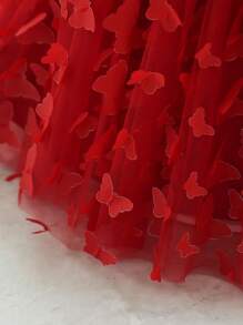 Baby Girl Sleeveless Butterfly Applique Tulle Puff Dress, Suitable For Wedding Flower Girl, Does Not Include Headband - Burgundy - View 8