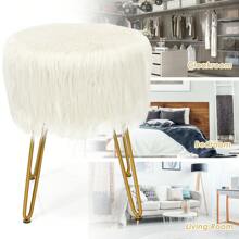 Faux Fur Vanity Stool Chair With Metal Legs For Bedroom And Living Room - 白色 - 查看 6