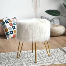 Faux Fur Vanity Stool Chair With Metal Legs For Bedroom And Living Room - 白色 - 查看 2