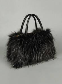 Nova bolsa de pulso felpuda para mulheres, bolsa de inverno grande e fofa, bolsa de ombro da moda, preta, bolsa de pele recém-chegada, bolsa de pele recém-chegada para mulheres - Preto e Branco - Ver 7