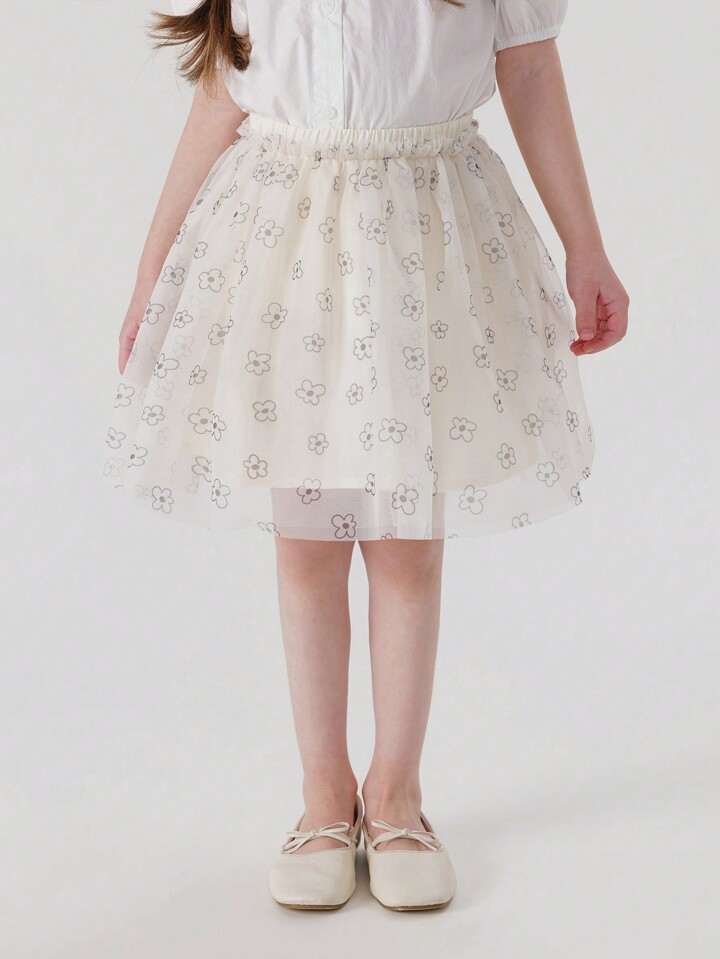 Young Girl Sweet Mesh Floral A Line Puffy Skirt For Spring Summer