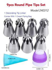 不锈钢球形裱花嘴套装 - 火炬喷嘴圆形裱花嘴，不锈钢烘焙奶油裱花蛋糕装饰工具，奶油杯蛋糕工具，烘焙蛋糕奶油喷嘴工具：裱花袋，蛋糕板纸，抹刀，刮刀，油刷等。随机混合颜色 - 銀色 - 查看 2