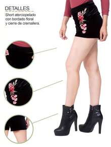 Short de Terciopelo Bordado con Cierre Invisible Posterior - Negro - Ver 5