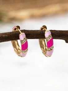 1pc Fashionable Simple Style All-Matched Lucky Egg Inspired Striped Handmade Oil Drop & Rhinestone Decor Hook Earrings - Pink - View 5