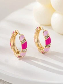 1pc Fashionable Simple Style All-Matched Lucky Egg Inspired Striped Handmade Oil Drop & Rhinestone Decor Hook Earrings - Pink - View 3