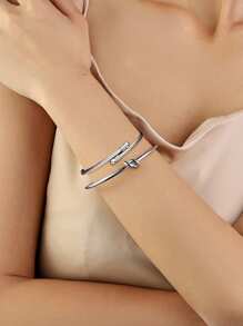 2pcs Fashionable Vintage Braided & Twisted Texture Stainless Steel Open Cuff Bracelet For Women's Everyday Wear
