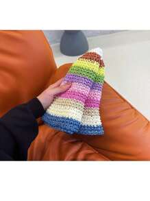 女士彩虹編織漏斗帽，夏季透氣防曬漏斗帽，帶條紋的韓國風邊緣帽子，提拉臉部波西米亞風格 - 頭圍56-58cm - 查看 6