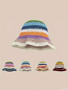 女士彩虹編織漏斗帽，夏季透氣防曬漏斗帽，帶條紋的韓國風邊緣帽子，提拉臉部波西米亞風格 - 頭圍56-58cm - 查看 1