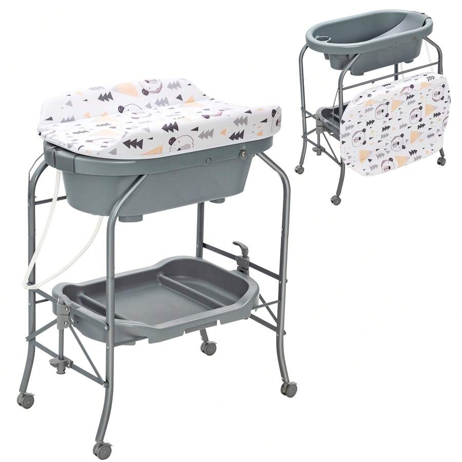 Folding Baby Changing Table With Bathtub, Infant Diaper Changing Station, Portable Newborn Dresser Unit With PVC Pad, Storage Tray And Wheels - Grey - View 1