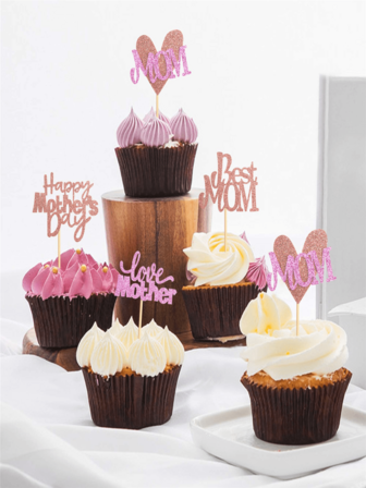12pcs Mother's Day Theme Cupcake Decoration Set In Rose Gold Color With Glitter 'happy Mother's Day' And 'best Mom Ever' Toppers, Perfect For Mother's Day Themed Party