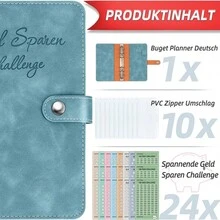 Geld Sparen Challenge Buch mit 8 Sparchallenges (24er Set) - Budget Planner Deutsch Challenges - Spar Challenge für Budgetplaner - Finanzplaner Haushaltsbuch - Cash Stuffing - Budget Binder A6 Leder - Blau - Übersicht 7